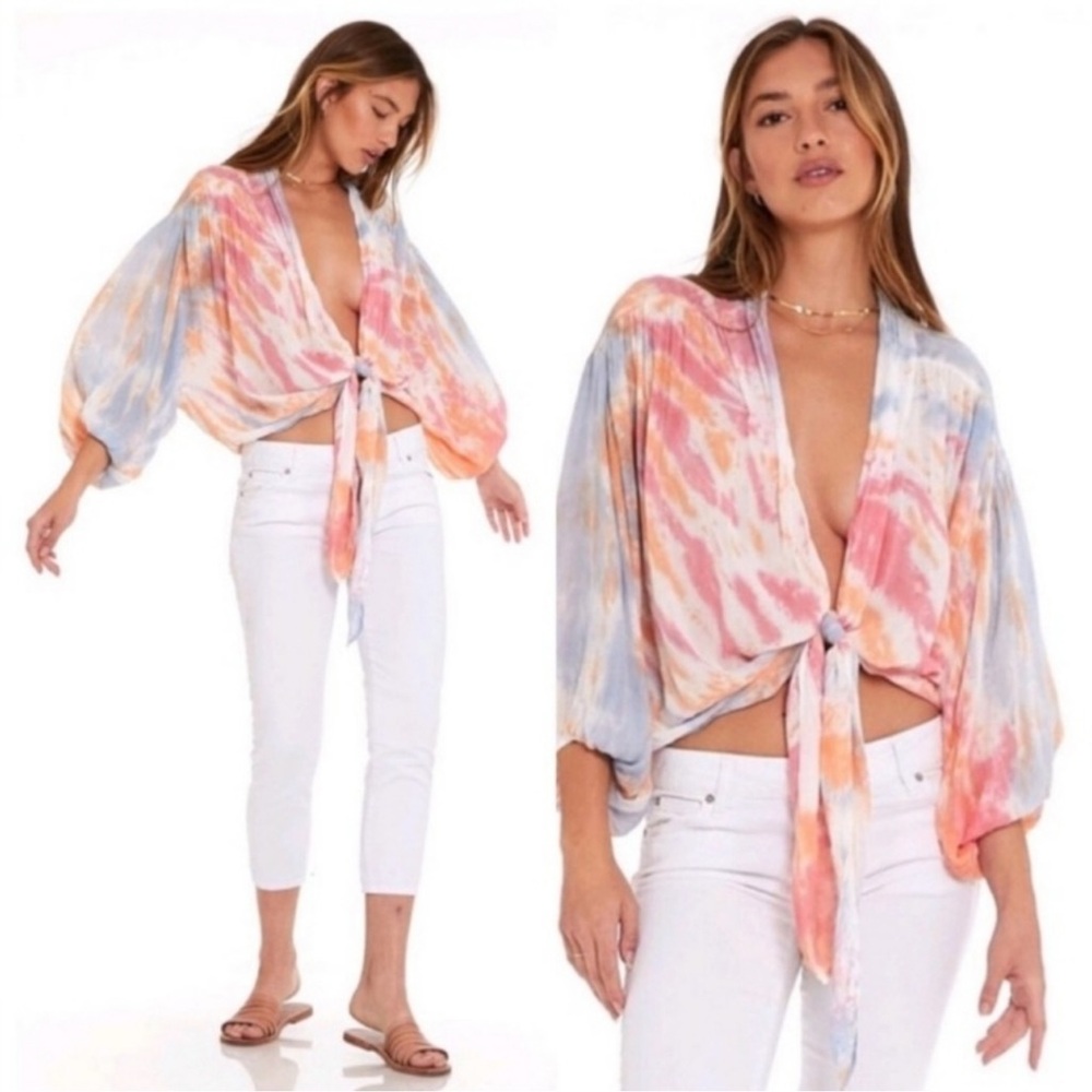 YFB Young Fabulous Broke Carmen Tie-Dye Blouse M Resortwear Boho Festival